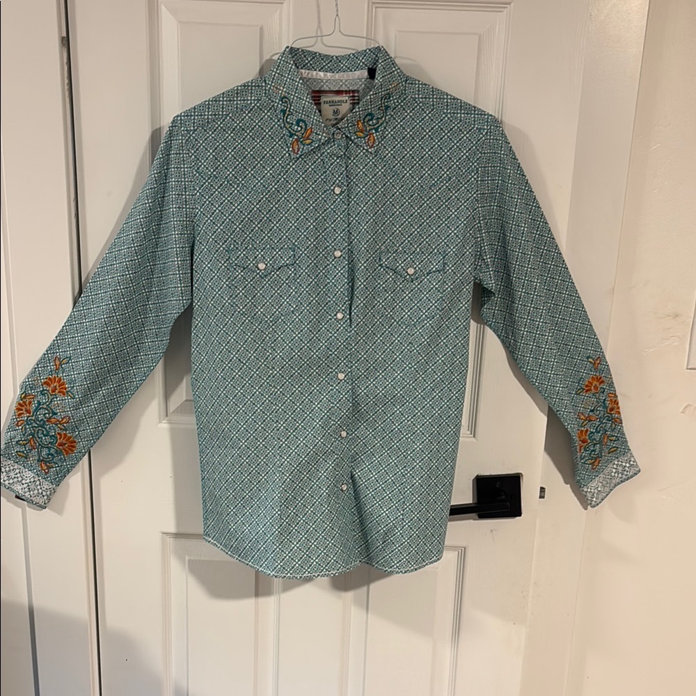 Panhandle Embroidered Teal and Orange Button Down Shirt